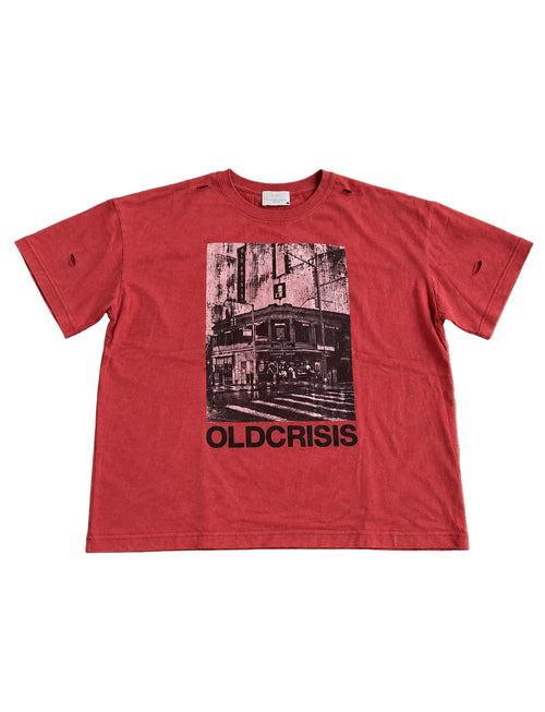 LOS ANGELES red cotton T-shirt with distressed black cafe building graphic and OLDCrisis text print