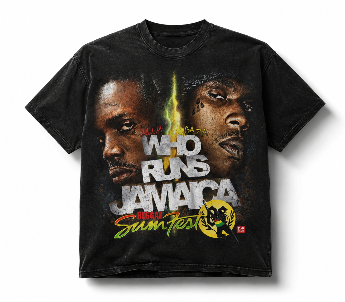 WHO RUNS JA album cover featuring Jamaican reggae artists and vibrant festival imagery