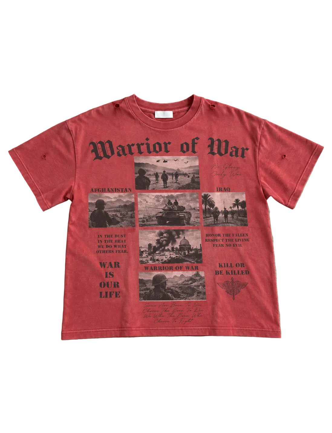 WAR LIFE T red cotton T-shirt with vintage distressed finish, featuring black “Warrior of War” graphics and photo panels