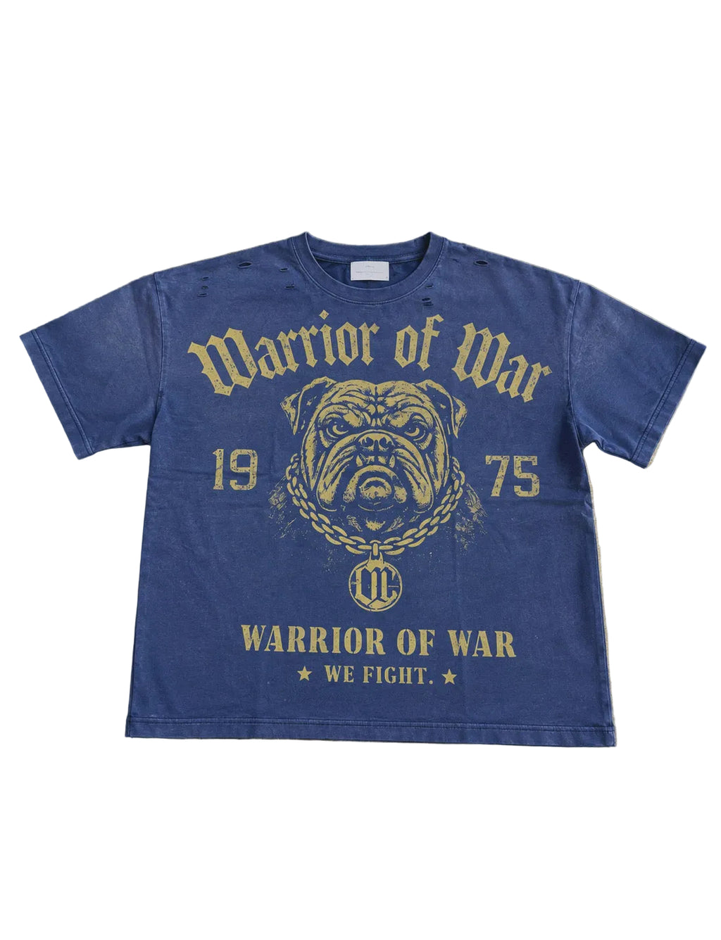 WAR DOG blue cotton T-shirt with distressed gold bulldog graphic, Warrior of War text and 1975 detailing