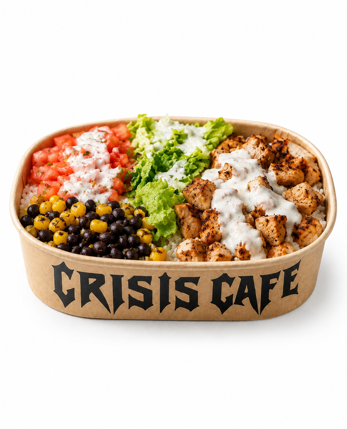 Mama’s Bowl grilled chicken rice bowl with jasmine rice, romaine, tomatoes, black beans, corn, and ranch dressing
