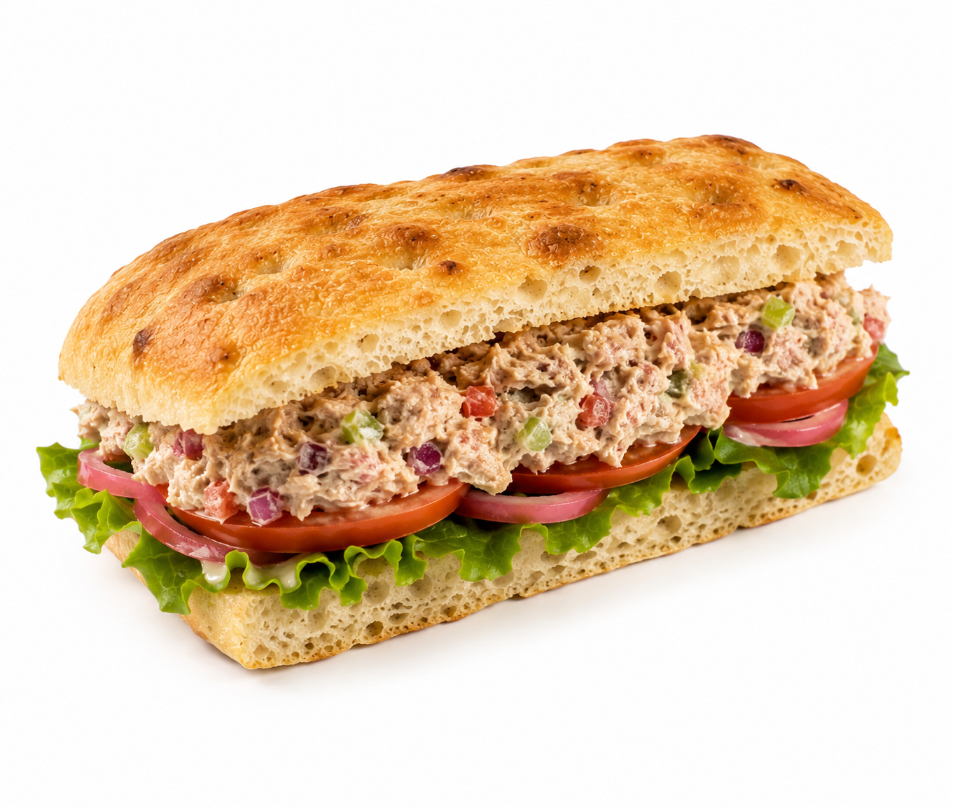 Tuna sandwich with creamy tuna salad, fresh ciabatta bread, lettuce, tomatoes, and pickled onions