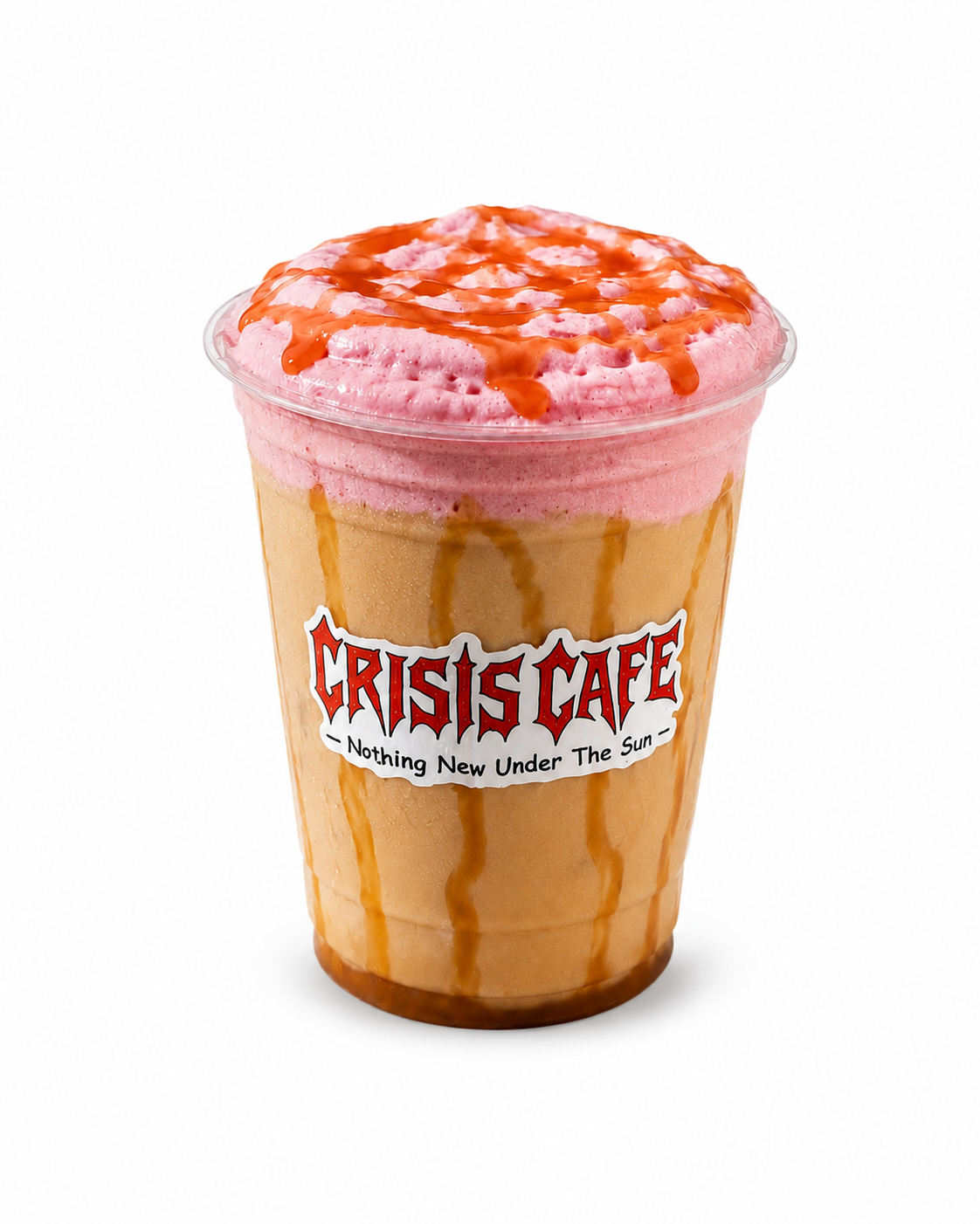 Melo’s Caramel Latte iced drink with layered espresso, milk, caramel drizzle, and pink cold foam topping